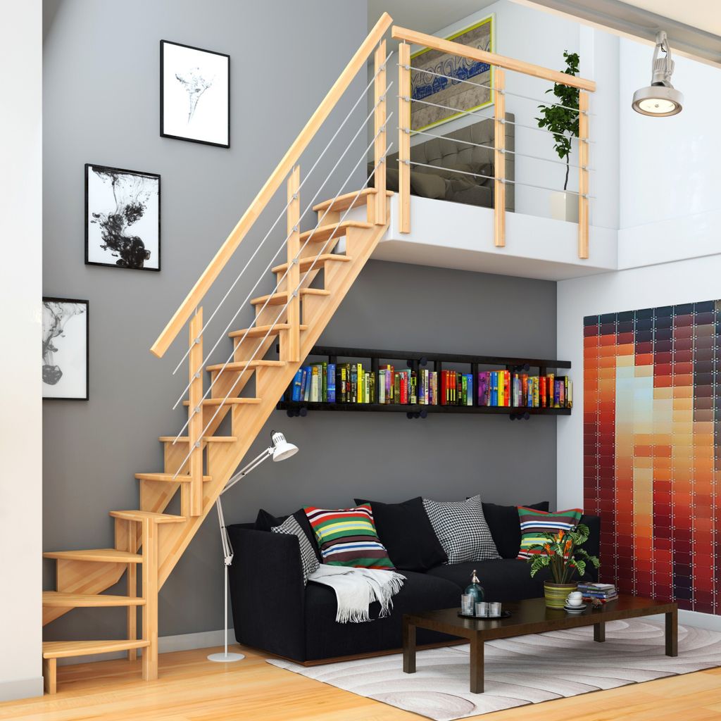 Dolle Raumspartreppe Lyon inkl. einseitigem Geländer Buche versiegelt Treppenlauf 1/4 gewendelt unten rechts 75cm breit Edelstahlrohre