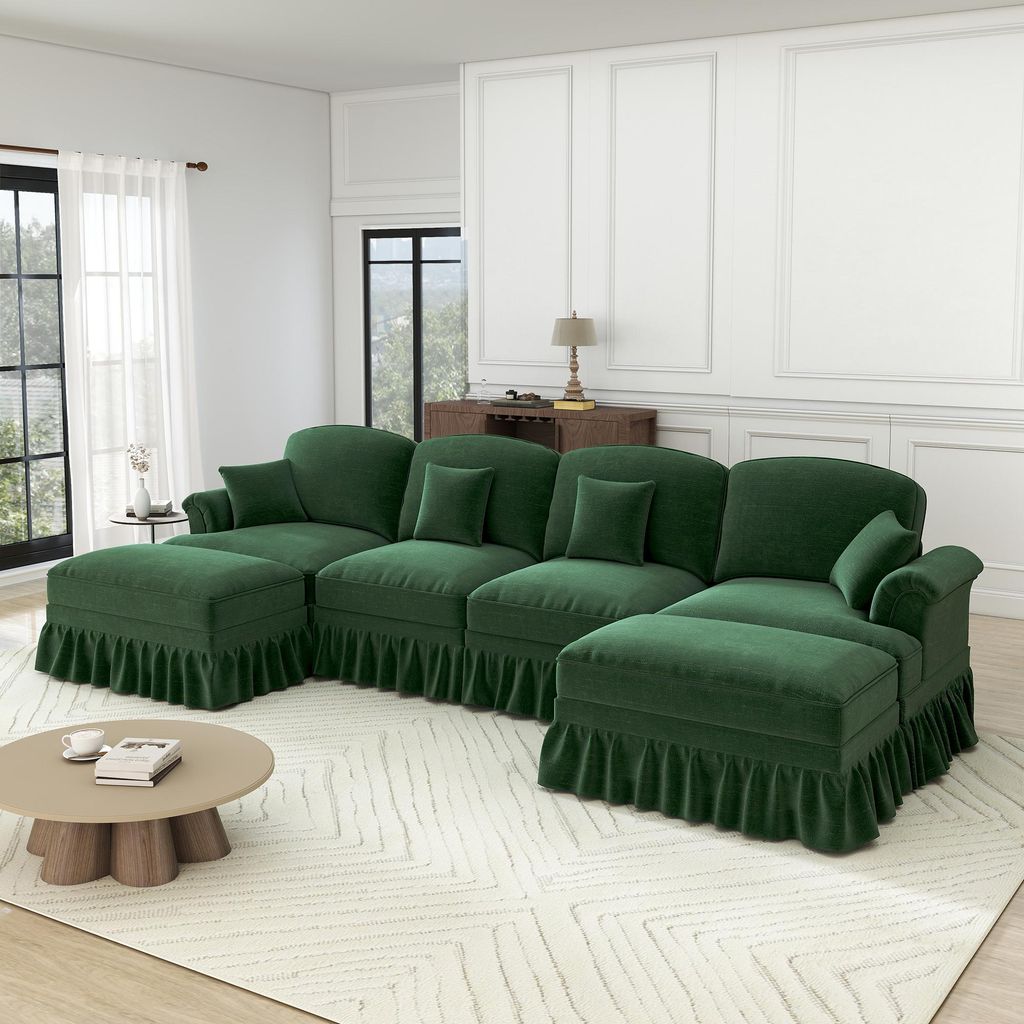 STILVORA 4-Sitzer Sofa U-Form modular mit Hocker und abnehmbarer Rüschenschürze, Ecksofa Chenille-Stoff weich mit Trichter-Armlehnen und Kissen, ...