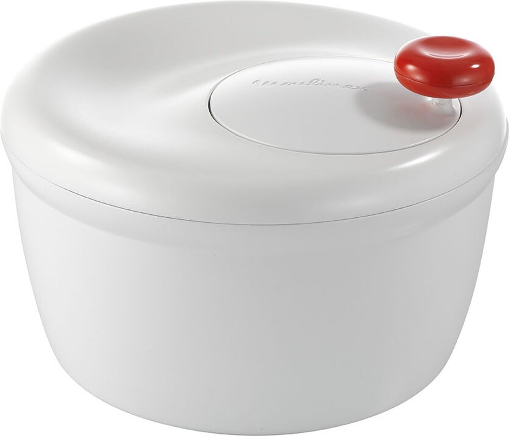 A white salad spinner with a red knob on top, set against a white background.