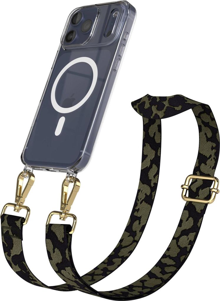 EAZY CASE - Handykette mit MagSafe Hülle für Apple iPhone 17 Pro Max, Handyband Camouflage Style, Karabiner Gold, Umhängeband in Grün