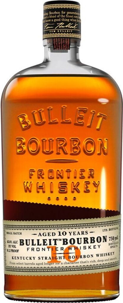 A bottle of Bulleit Bourbon Frontier Whiskey.