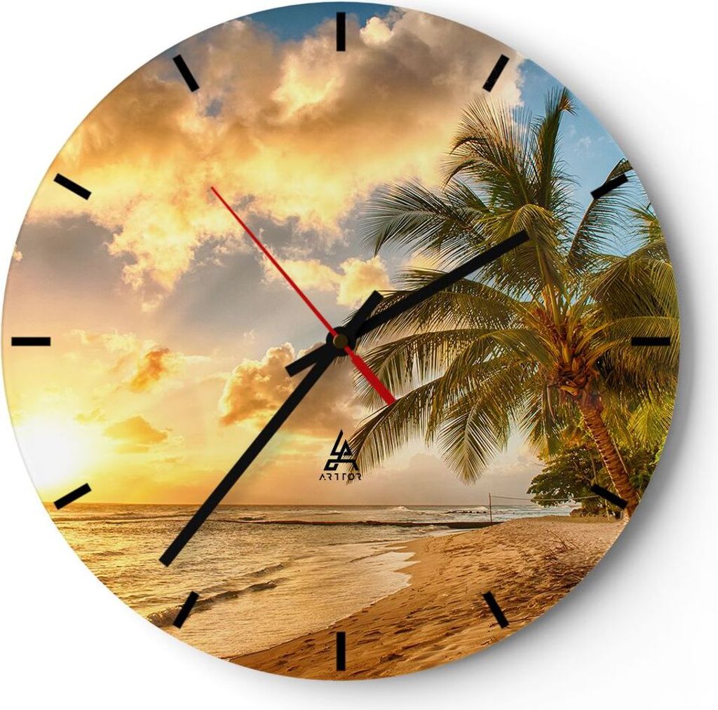 Wanduhr - Rund - Glasuhr - Strand Meer Palme - 30x30cm - Schleichendes Uhrwerk - Lautlos - zum Aufhängen bereit - Dekoration Modern - Wanddekorati...