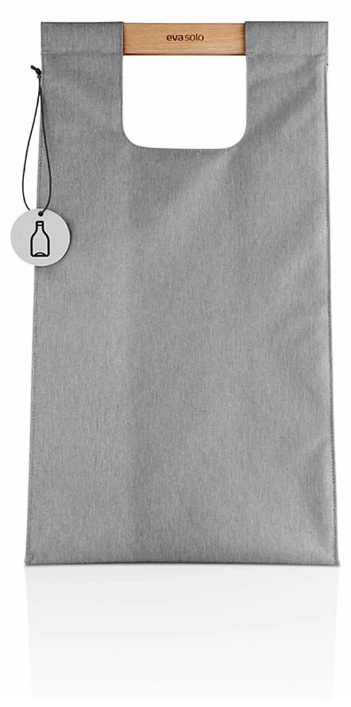 A grey reusable shopping bag with a wooden handle and a small circular tag attached.