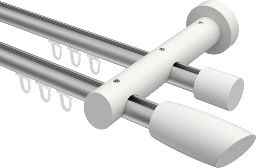 Interdeco Innenlaufstange / Gardinenstange mit Innenlauf Silbergrau / Weiß, Typ Talent Etta (Ellipse Schräge), 20 mm Ø 2-läufig, 140 cm