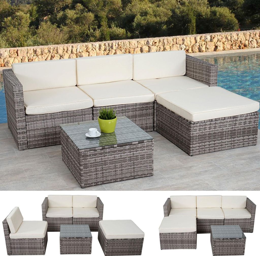 Poly-Rattan-Garnitur HWC-D28, Gartengarnitur Sofa Set grau, Polster creme ohne Deko-Kissen/Abdeckung