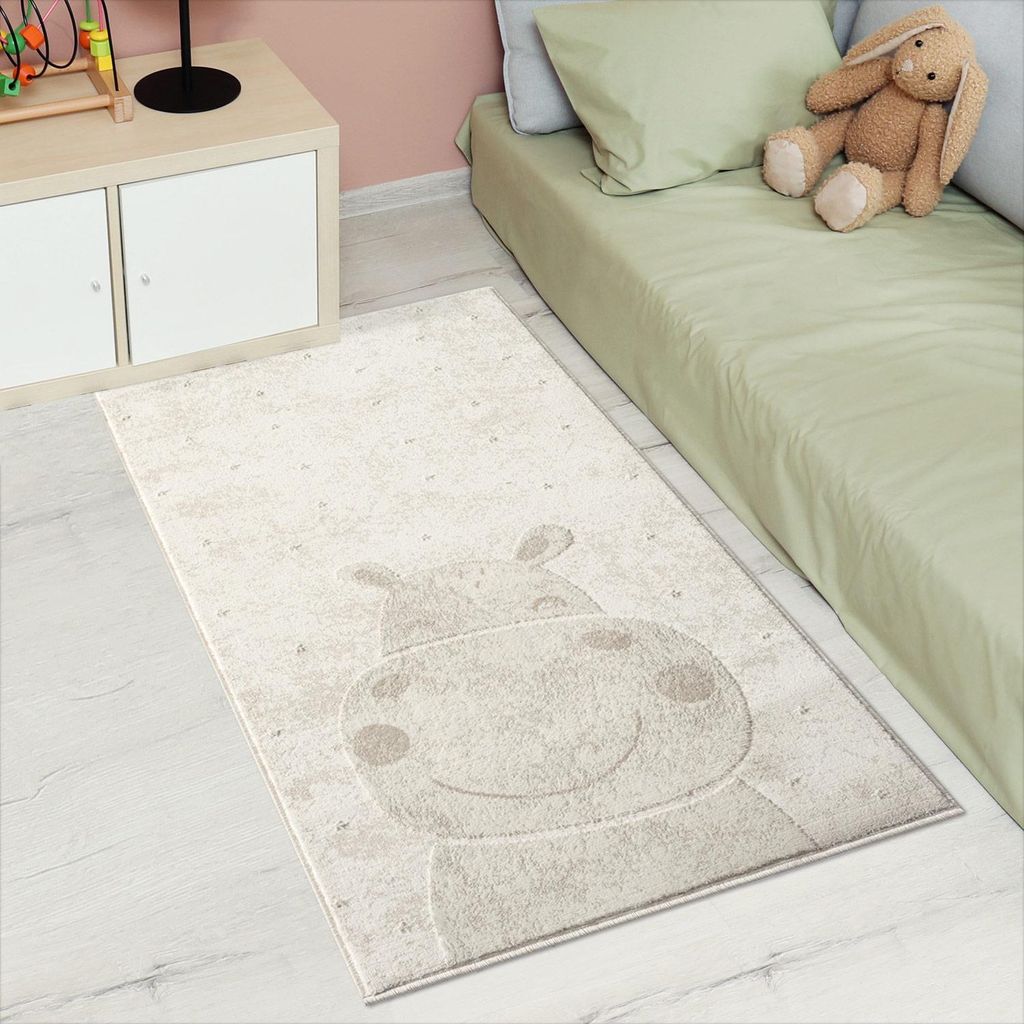 Kinderteppich Creme, Beige - 80x150 cm - Tier-Motiv Nilpferd - Kinderzimmerteppiche