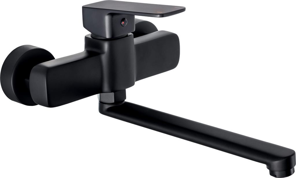 A black kitchen faucet mounted on a white background.
