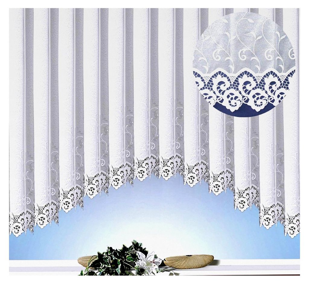 Store Gardine mit Kräuselband und Macramée Borte, Stickerei Ranke, weiß transparent, HxB 160x600 cm, C-Bogen