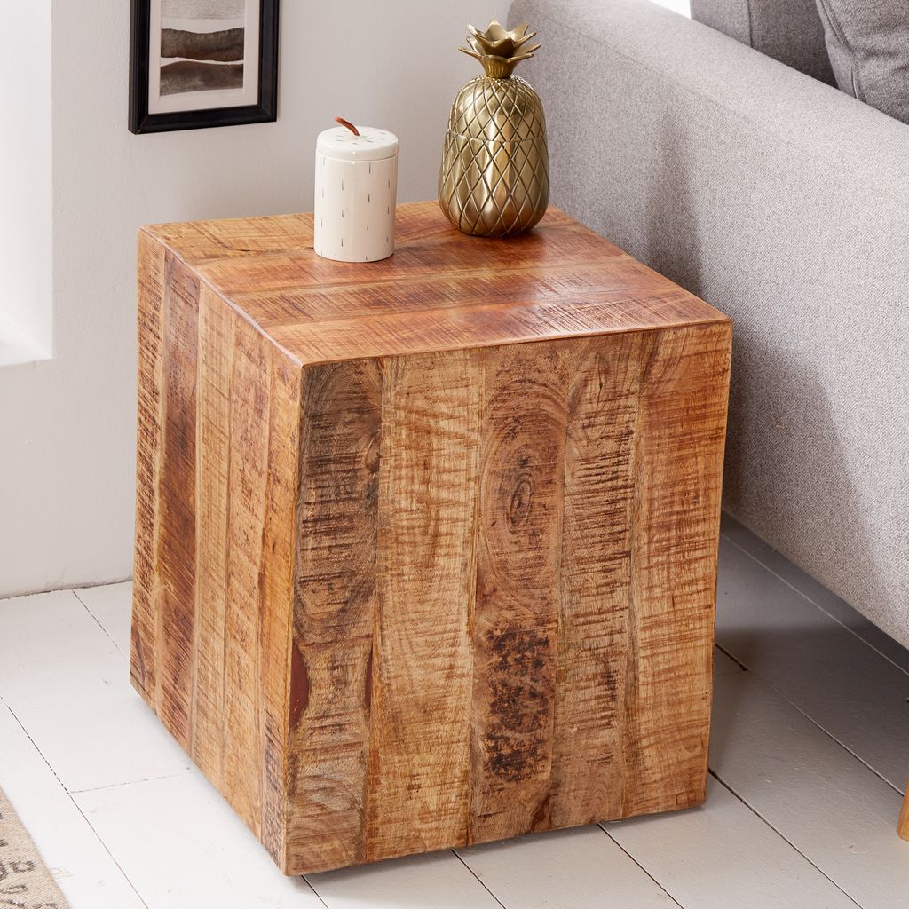Massiver Beistelltisch FACTORY 40cm Mangoholz geflammt auf Rollen Couchtisch Wohnzimemrtisch