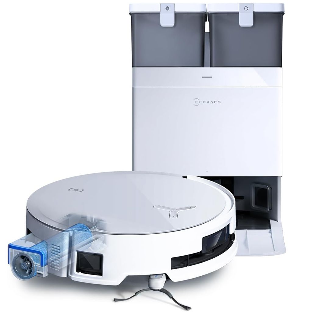 A white robot vacuum cleaner and its white base station are shown against a white background.
