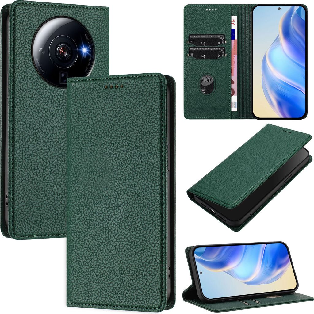Litchi Leder Handyhülle für Xiaomi 12S Ultra Wallet Kartenfächer Standfunktion Hülle Grün