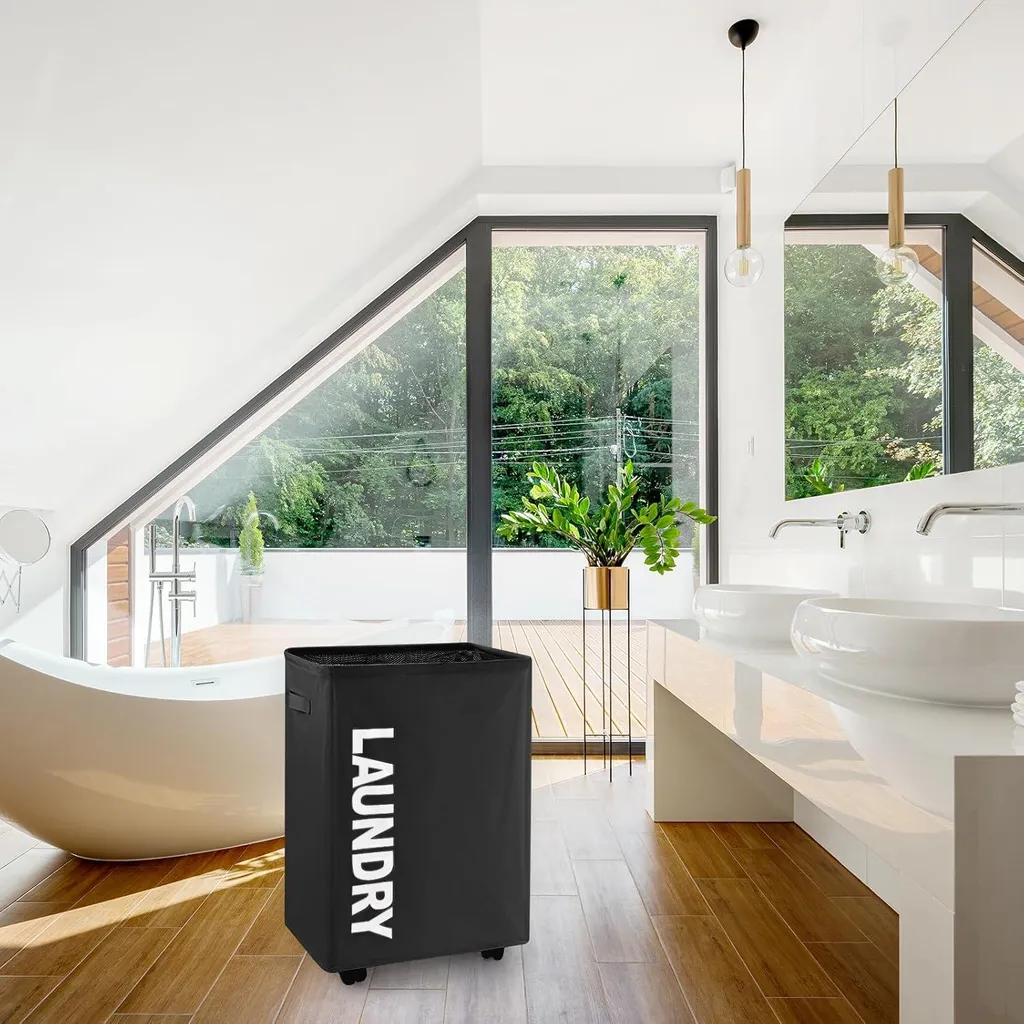 Corbeille à linge mobile 63L pliable en tissu noir avec roues souples