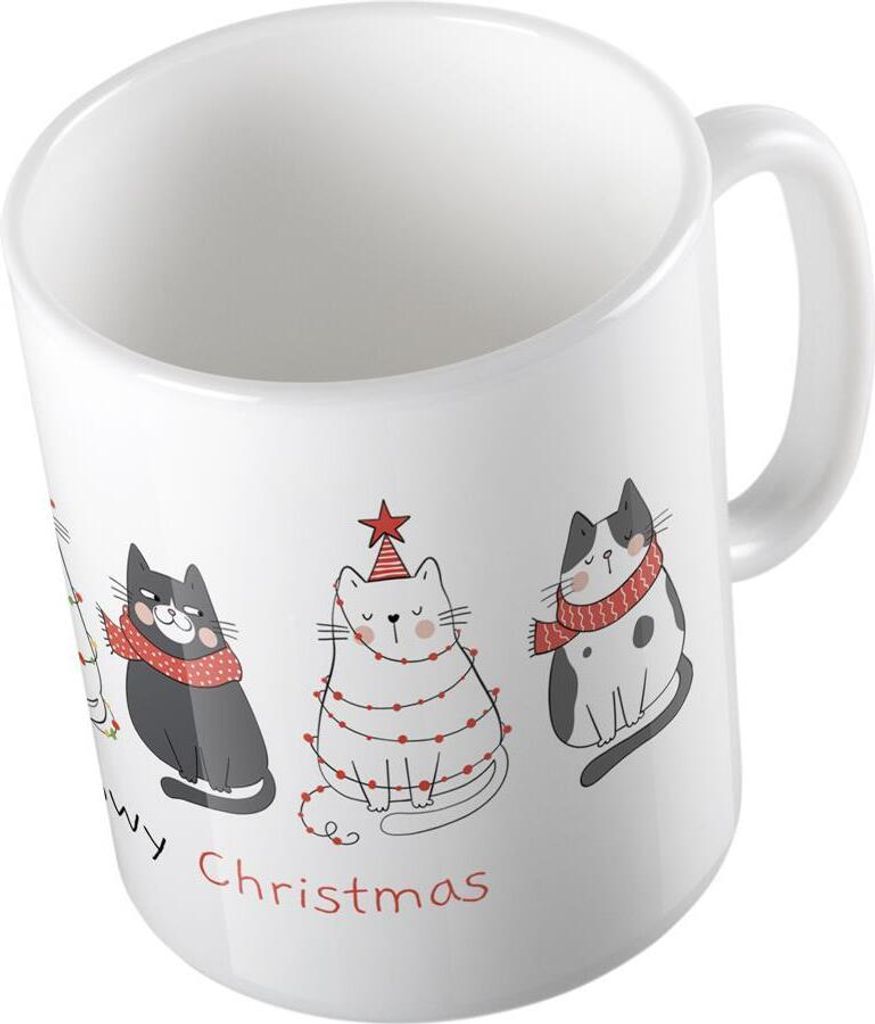 Huuraa Kaffeetasse Meowy Christmas Katzen Geschenk Tasse Weiß 330ml Meowy Christmas Katzen Präsent