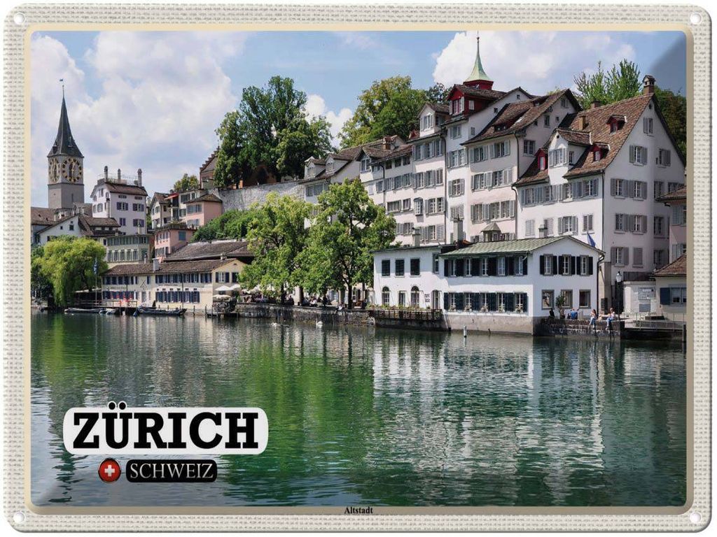 vianmo Blechschild 30x40 cm Zürich Schweiz Altstadt Fluss Bildmotiv Reisemotiv Abenteuer Reisen