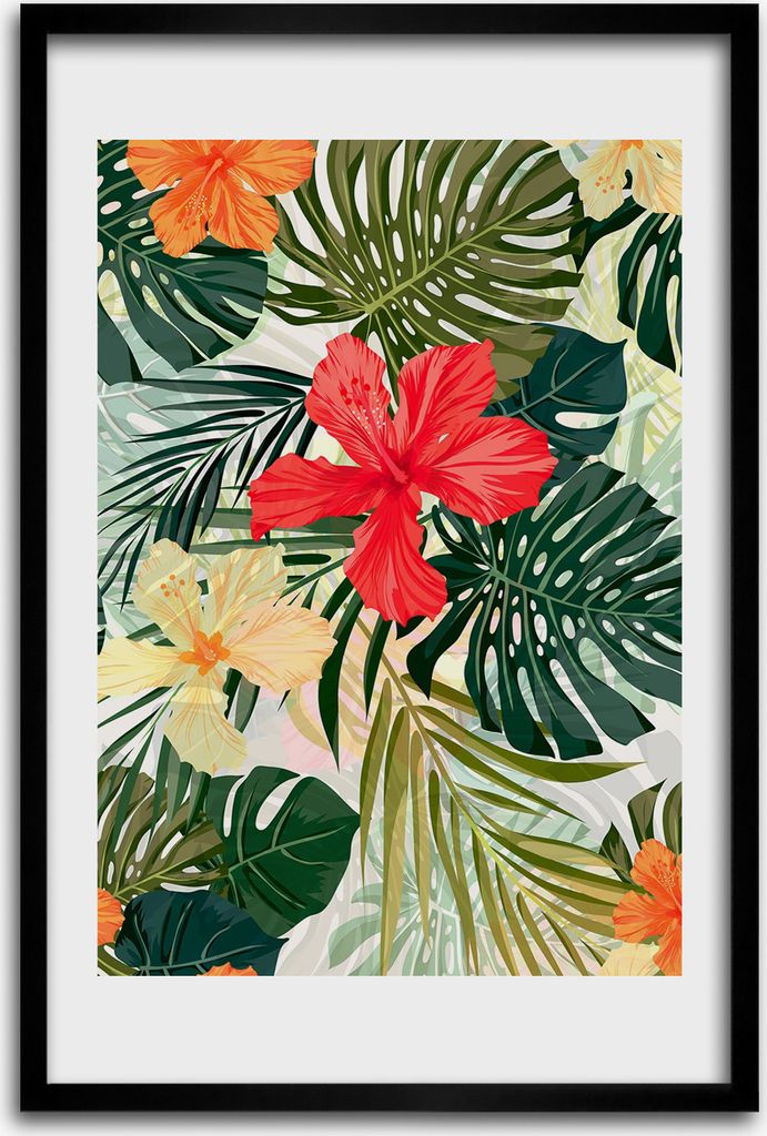 Bild - Bilderrahmen - 40 cm x 60 cm - MDF - Rahmen - Wandkunst - Hawaii Blumen