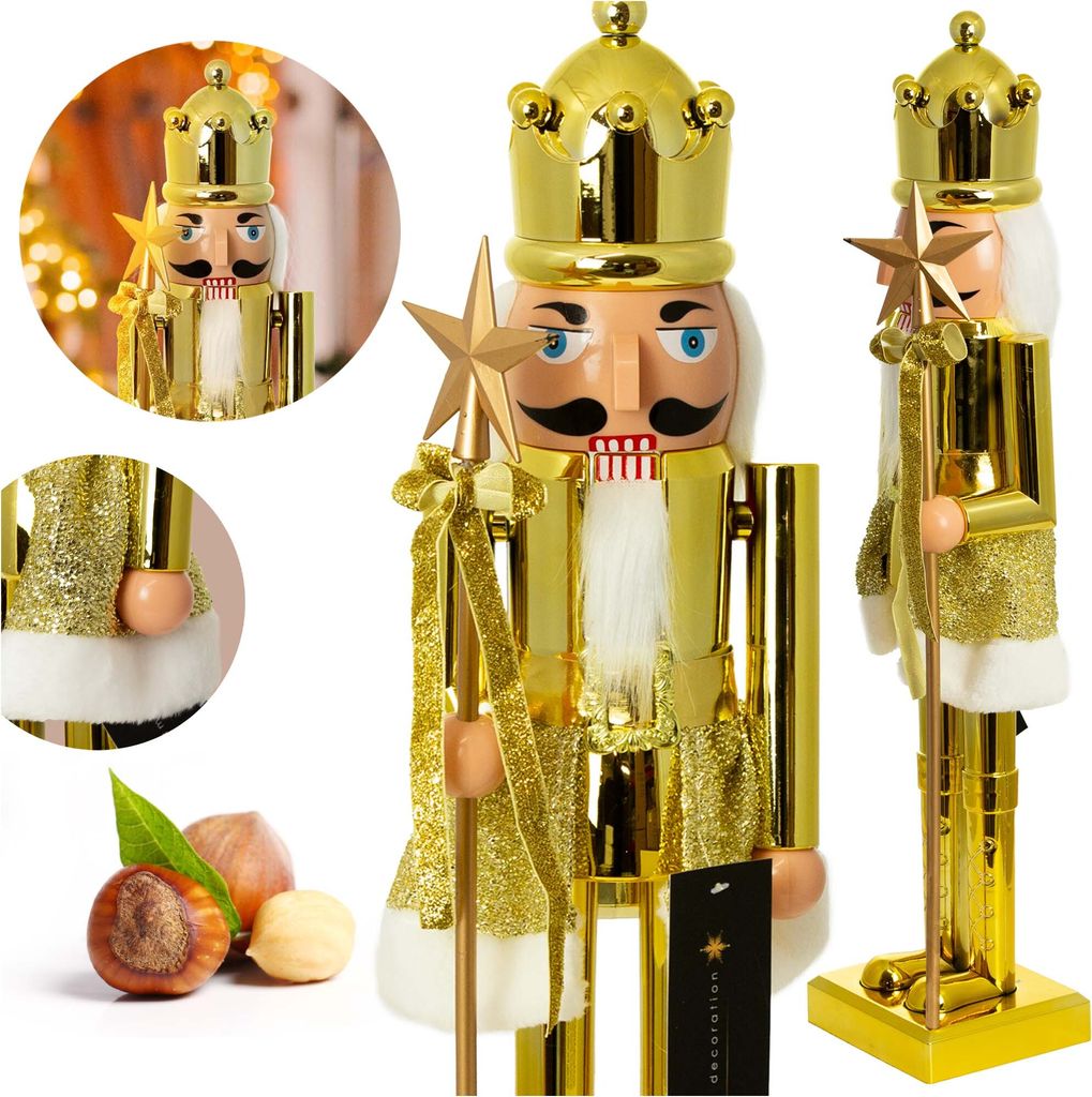 Weihnachts Figur Nussknacker Weihnachten 60 Cm Deko-Figur Gold Mütze Mit Bommel