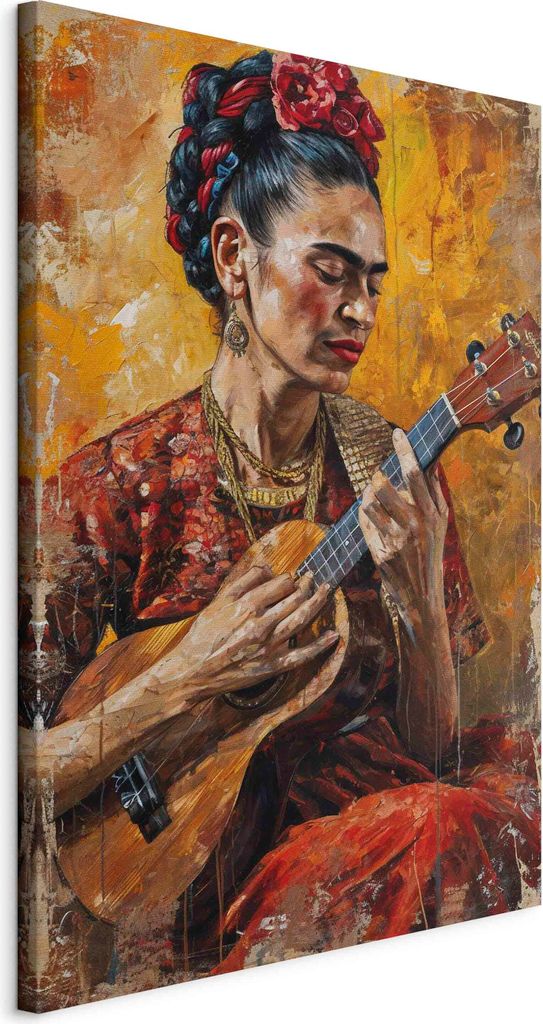 Wandbilder XXL Frida Kahlo 40x60 cm 1 tlg Wand Deko Leinwand Bilder Groß Wohnzimmer Reproduktion Bunt Porträt Frau mit Ukulele Abstraktion h-H-1...