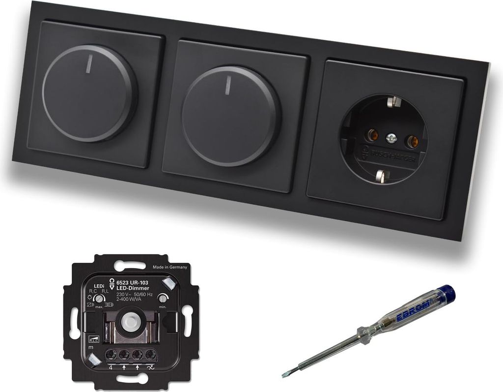 Busch Jäger 6523UR-103 (2 x) LED Drehdimmer Dimmer + Dimmerscheibe 6540-885-102 + Steckdose 20EUC-885 in Future Linear schwarz matt inklusive EBRO...