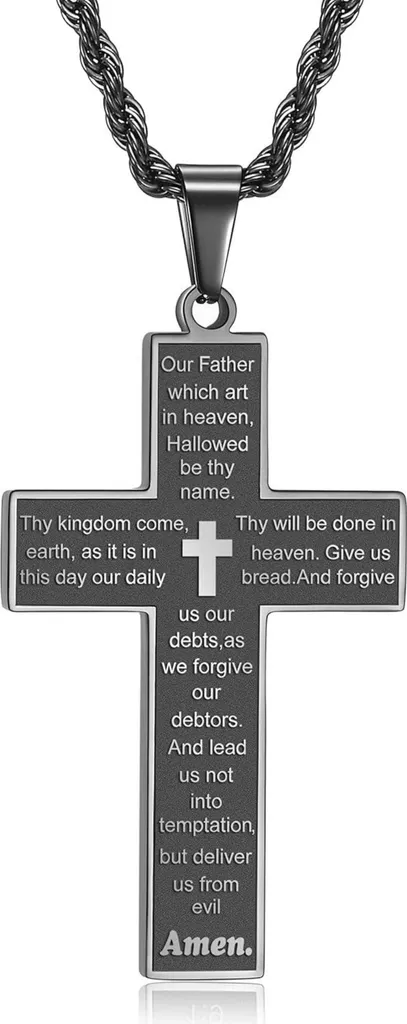 Collana Croce Nera Uomo con Versetto Biblico Acciaio Inossidabile