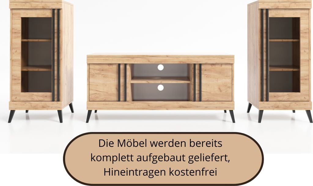 COSMO Wohnwand TV-Schrank Set auf Beinen, Wohnzimmerset, Fernsehtisch und 2 Vitrinen - Goldene Eiche