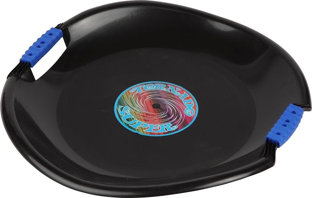 A black plastic disc sled with blue handles, shown from a diagonal top-down view.
