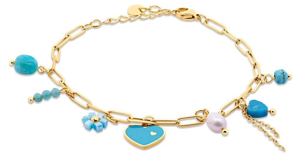 CO88 Collection - 8CB-91348 - schakelarmband vrouwen met blauwe kralen en bedels - goudkleurig