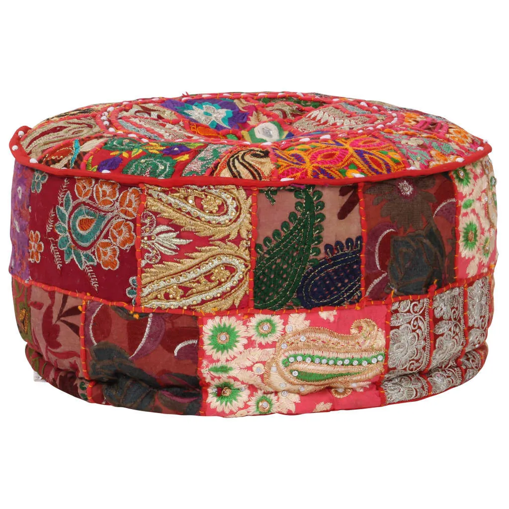 Pouf Artisanal Rouge en Coton Patchwork - Design Rond Compact 40x20 cm - 7