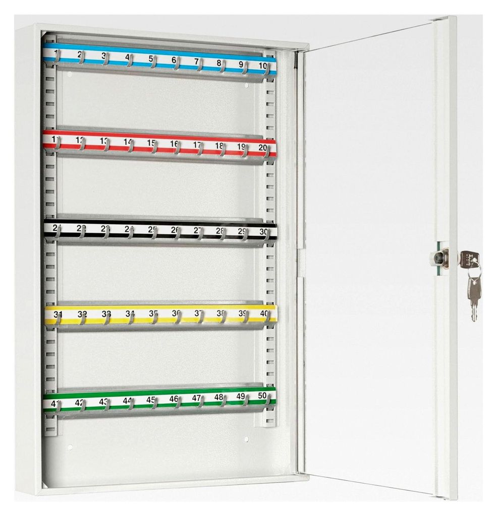 Schlüsselschrank mit 50 Haken, Schlüsselbox aus Stahlblech mit Glastüren, verstellbaren Hakenleisten, zur Wandmontage, abschließbar, 6 x 35 x 5...