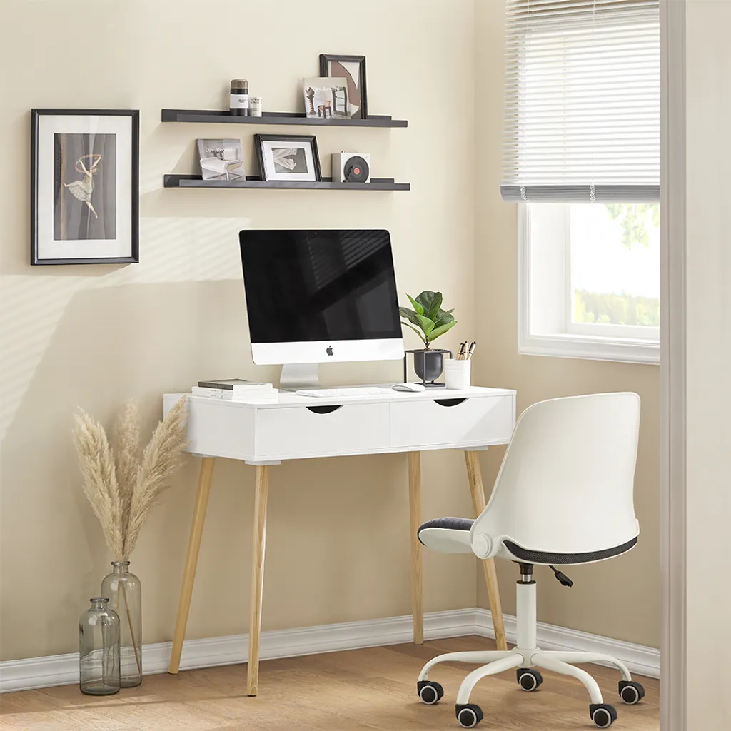 SoBuy FWT40-WN Bureau avec 2 Tiroirs Table d'Ordinateur Blanc et Naturel