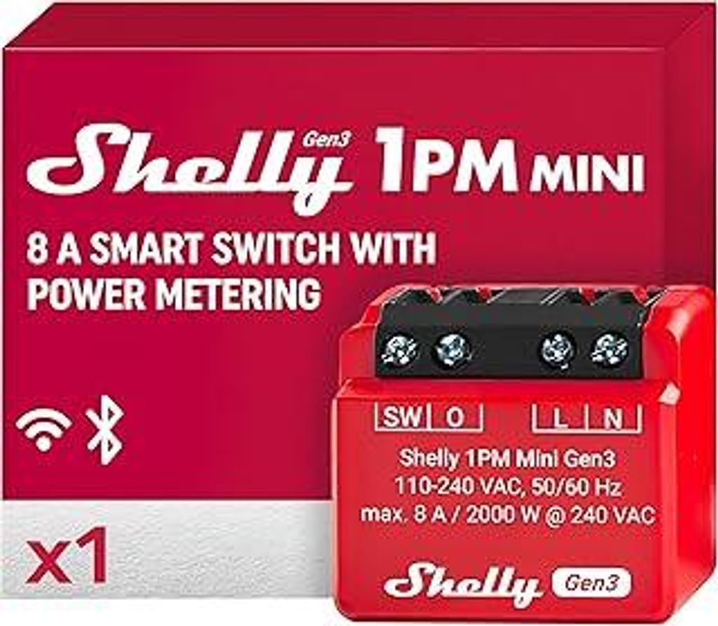 Shelly 1PM Mini Gen3 | WLAN Smart Relais Schalter | 1 Kanal 8A | Strommessung | Unterputz Lichtschalter | und Google Home | Hausautomation | iOS-An...