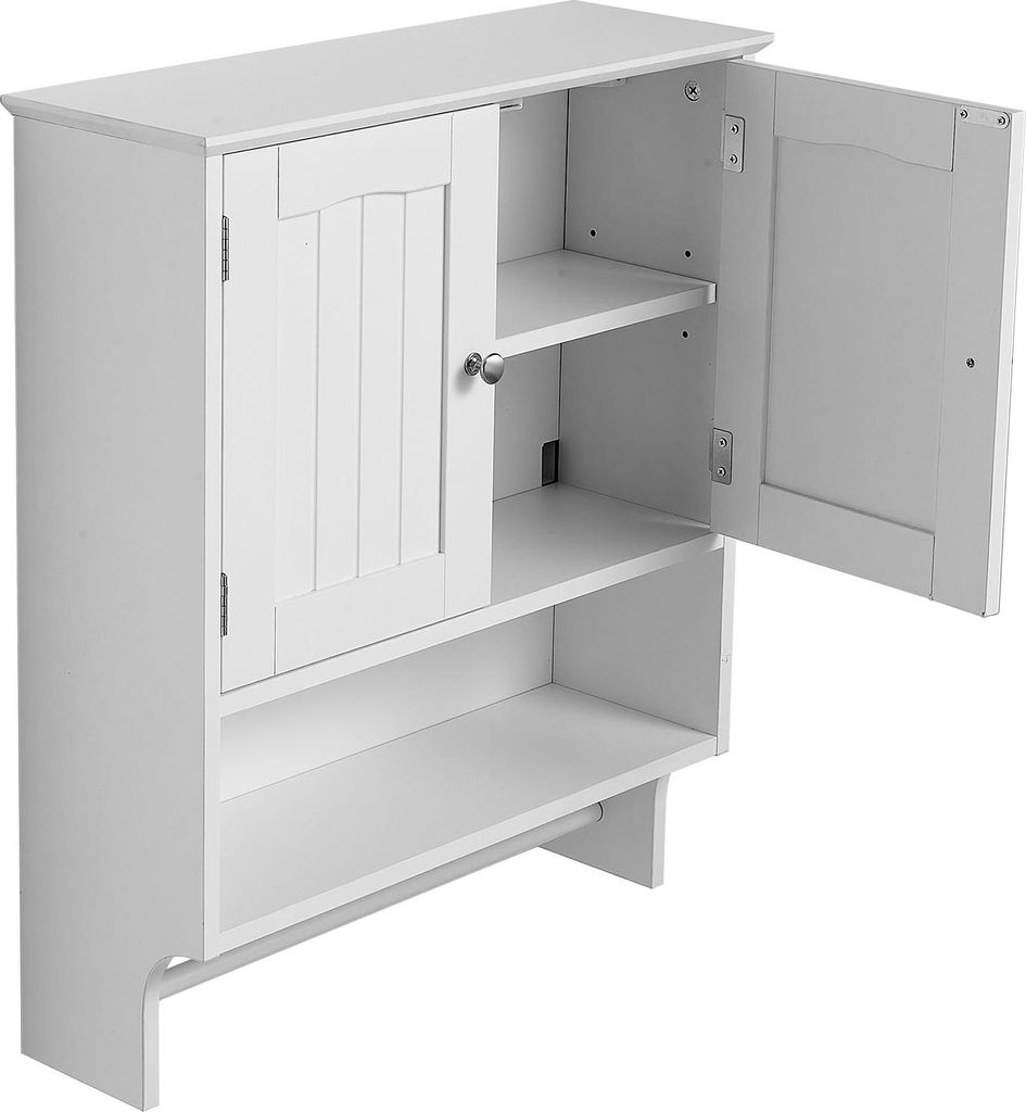 SucceBuy Badezimmer Wandschrank mit zwei Türen und verstellbaren Regalen, Hängeschrank mit offener Ablage und Handtuchhalter für Bad, Waschküch...