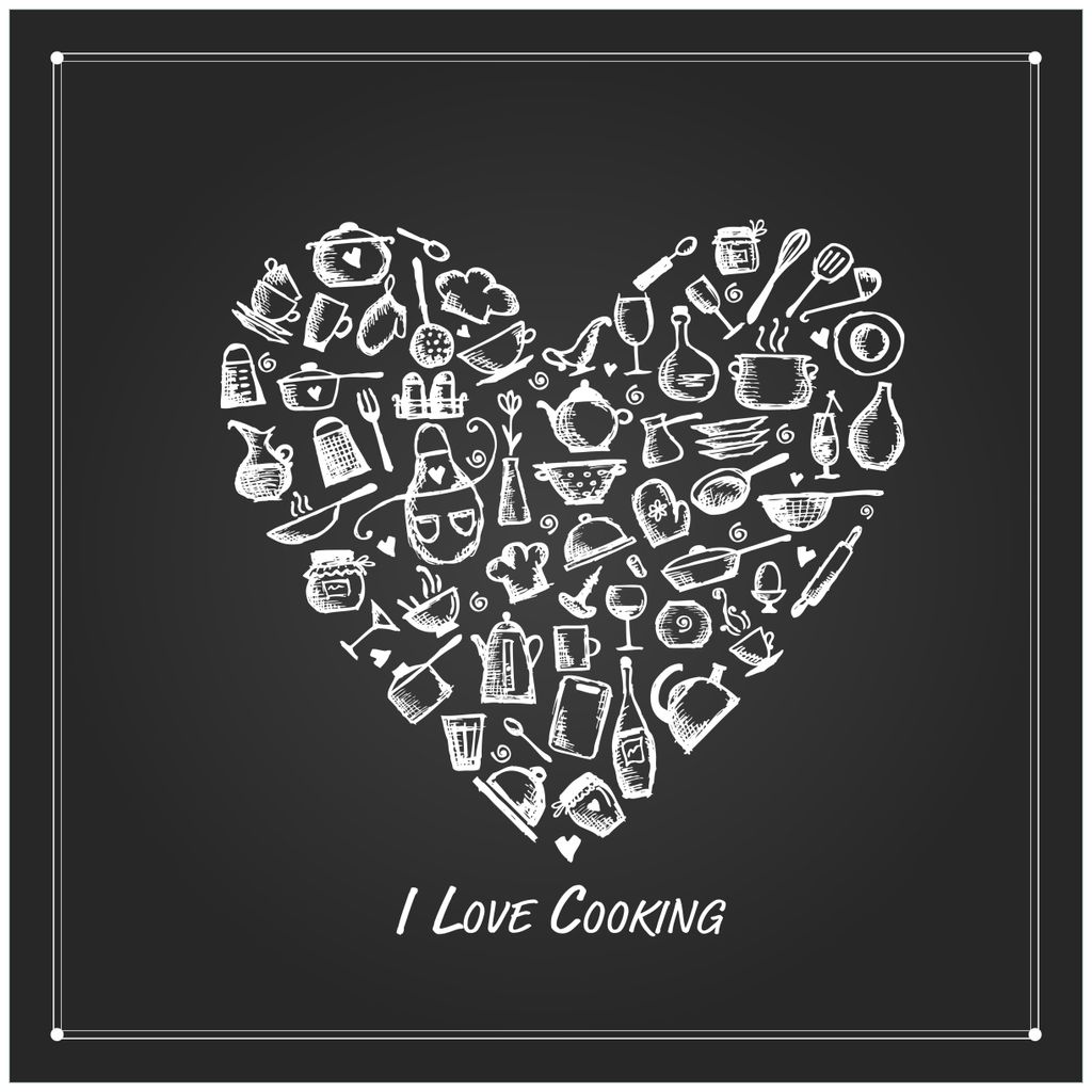 Wallario Magnet für Kühlschrank / Geschirrspüler, magnetisch haftende Folie - 60 x 60 cm, Motiv: I Love Cooking - Herz aus Küchenutensilien in ...