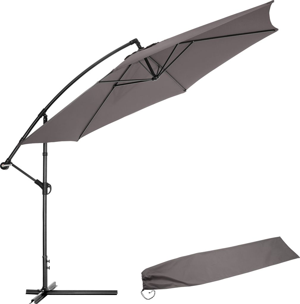 A gray cantilever umbrella and its cover are shown against a white background.