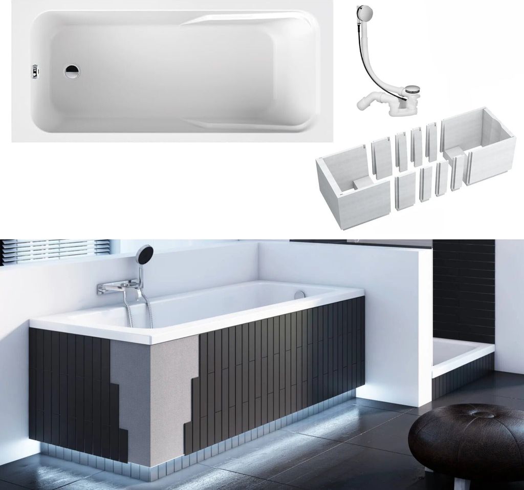 VBChome Badewanne 170 x 70 cm Weiß Acryl Wannenträger Platz für LED-Beleuchtung Styroporträger Siphon Wanne Rechteck Modern Ablaufgarnitur in C...