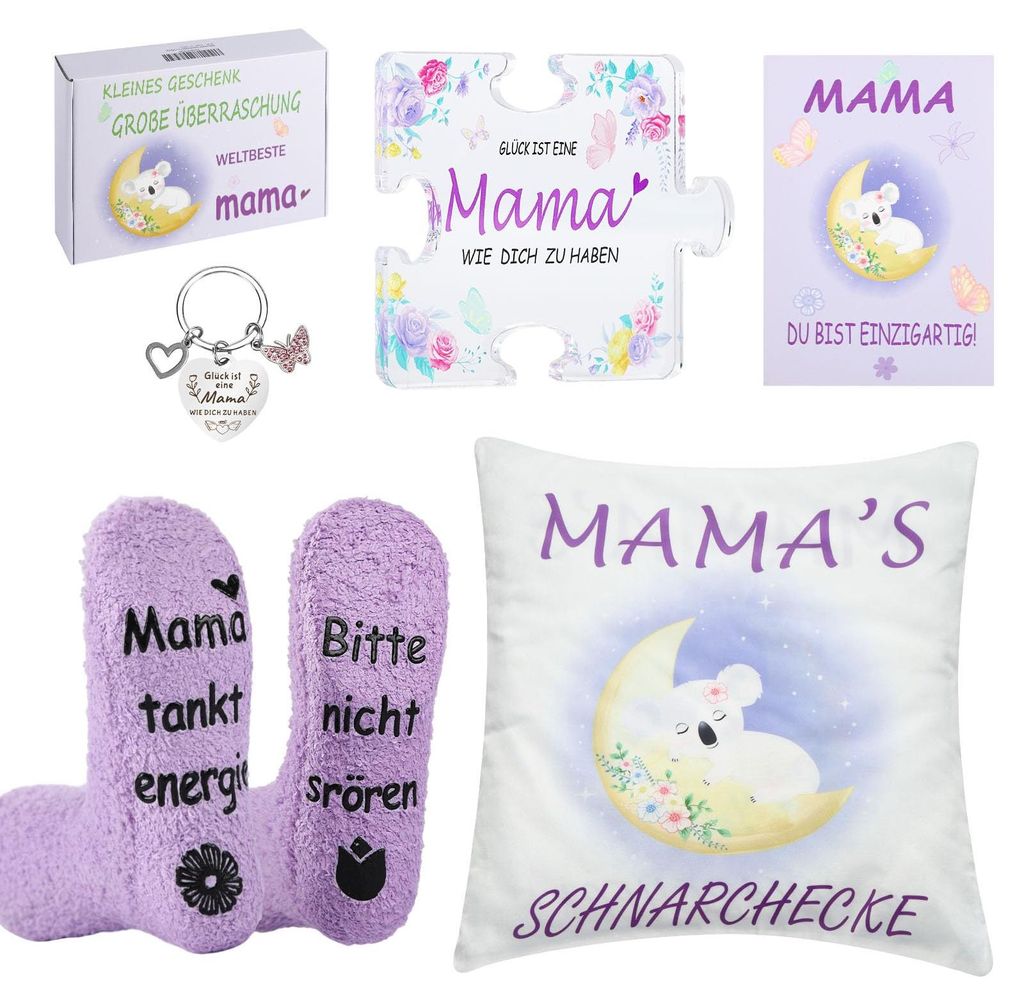 Geschenke für Mama, personalisiertes Muttertagsgeschenk mit Schlüsselanhänger, Kissenbezug, Acryl-Wohndeko, Geburtstagsgeschenk für Frauen
