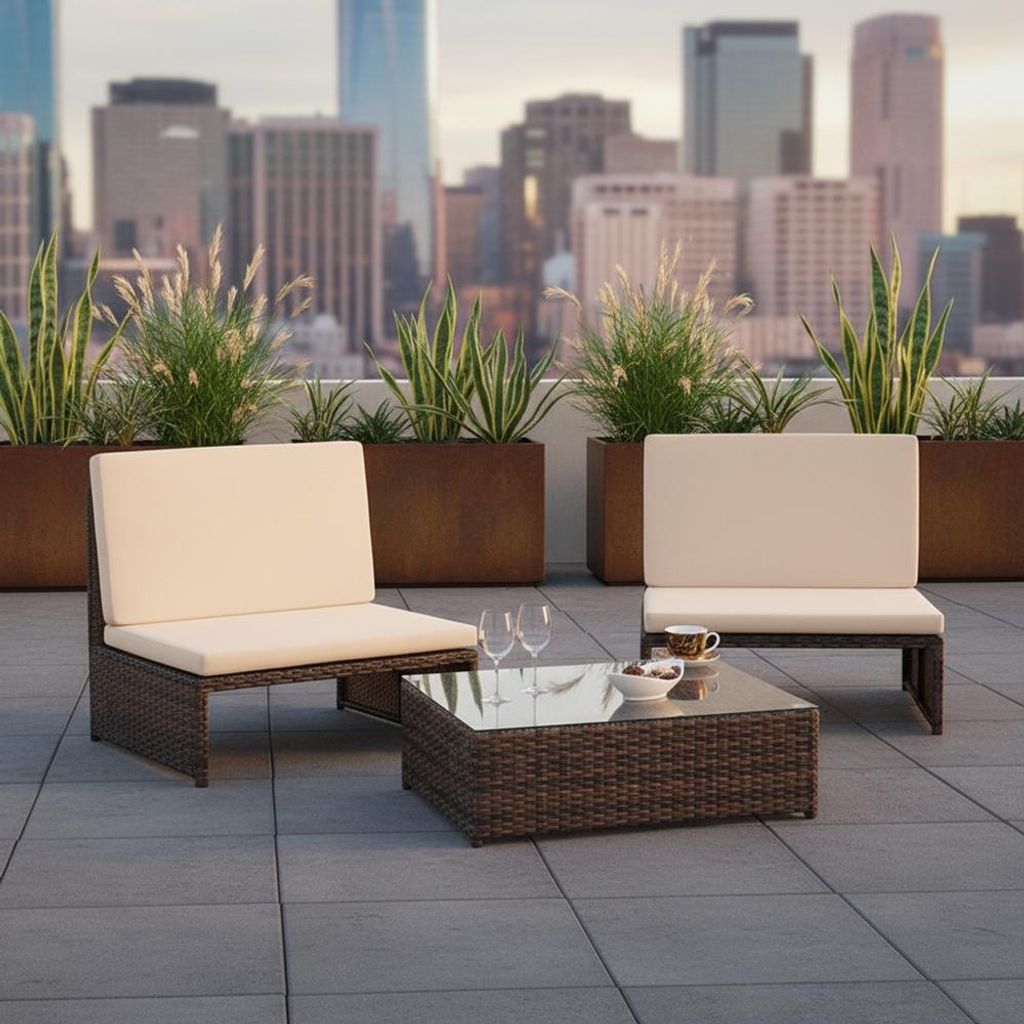 A patio lounge set with two chairs and a coffee table on a rooftop terrace with a city skyline in the background.