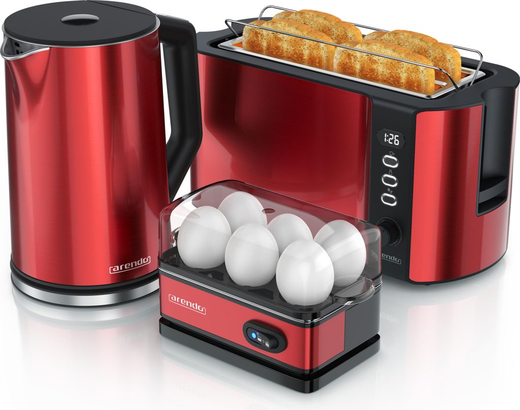 Arendo Frühstücks-Set Edelstahl, Wasserkocher mit Temperatureinstellung 1,5l, 4 Scheiben Langschlitztoaster, 4 Scheiben Toaster, Brötchenaufsatz...