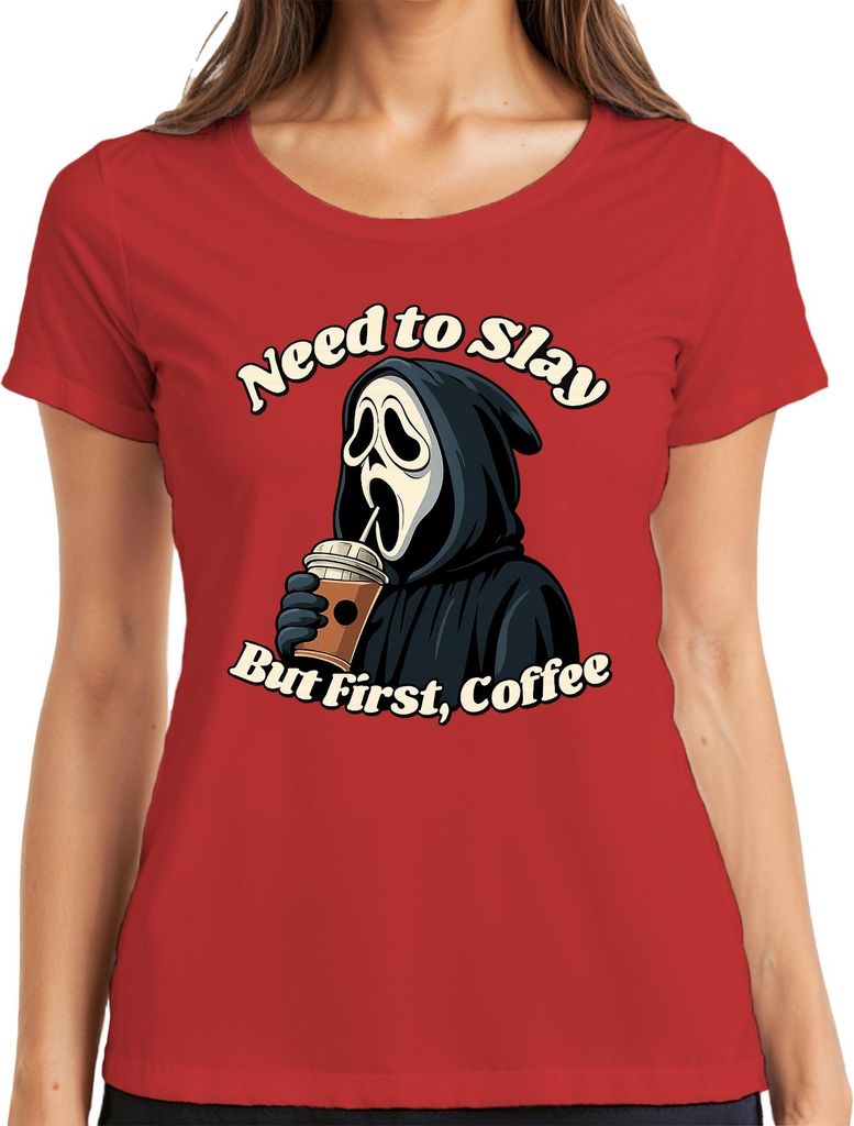 But First Coffee Sensenmann Halloween Kaffee Gothic Lustig Grusel Damen T-Shirt, Rot, M