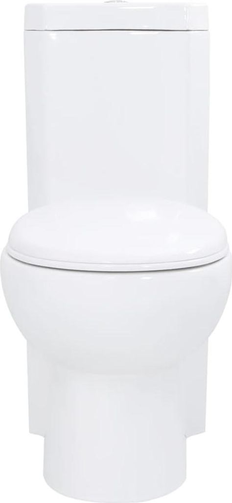 A front-facing view of a white ceramic toilet.