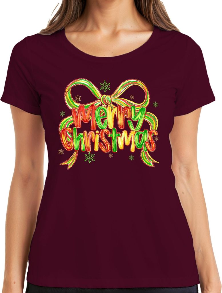Merry Christmas glitzer schleife schneeflocke festlich Geschenk Damen T-Shirt, Burgundy, S