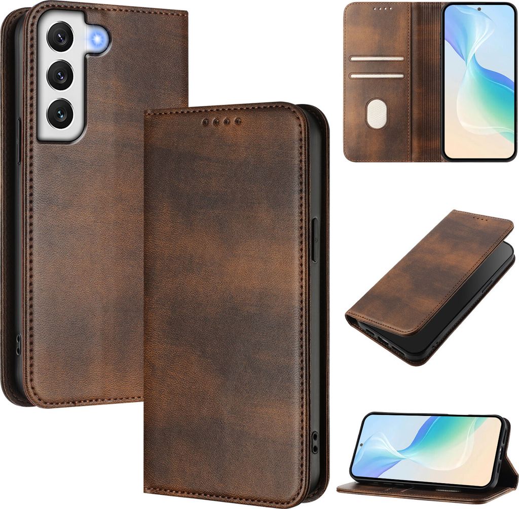 Handyhülle für Samsung Galaxy S22 5G, Vintage Leder RFID Schutz Kartenfach Standfunktion Magnetische Klapphülle Braun