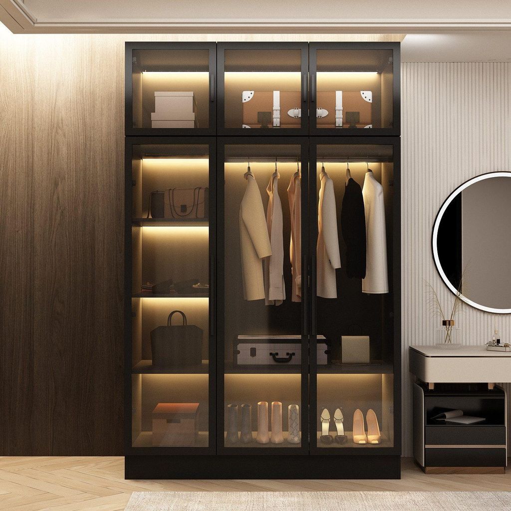 Kleiderschrank mit Glastüren und Beleuchtung, Garderobenschränke, Garderobe, Schwarz, MDF+Glas, 120 × 190 × 49 cm
