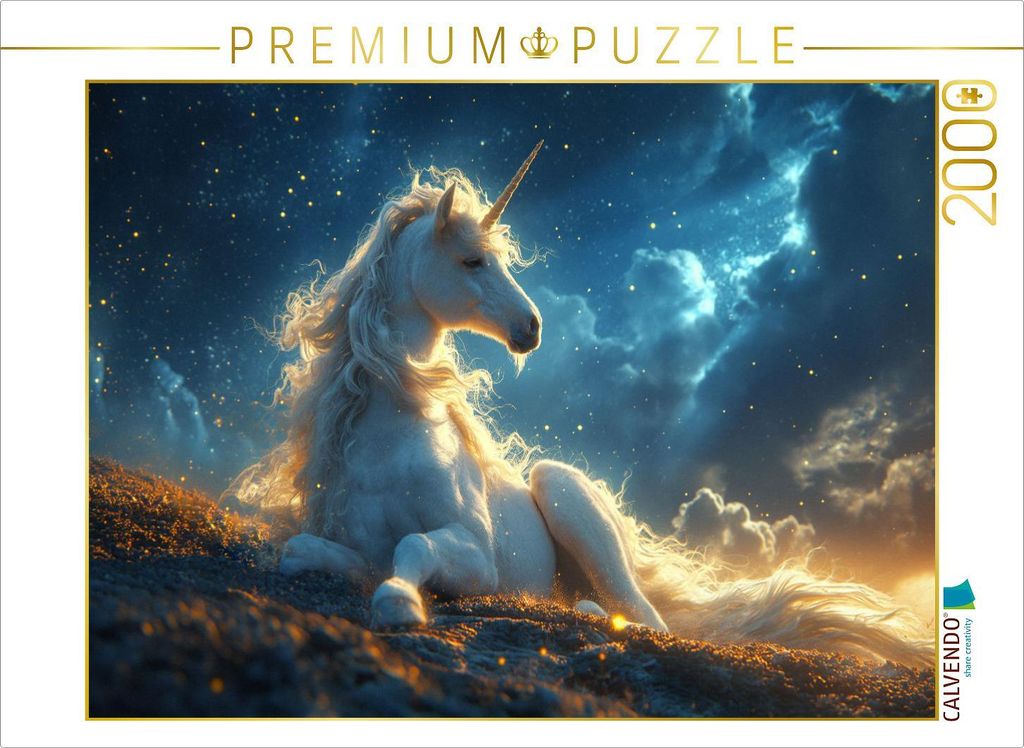 CALVENDO Puzzle Anmut im Sternenlicht: Das weiße Einhorn auf der Nachtwiese | 2000 Teile Lege-Größe 90x67cm Foto-Puzzle für glückliche Stunden