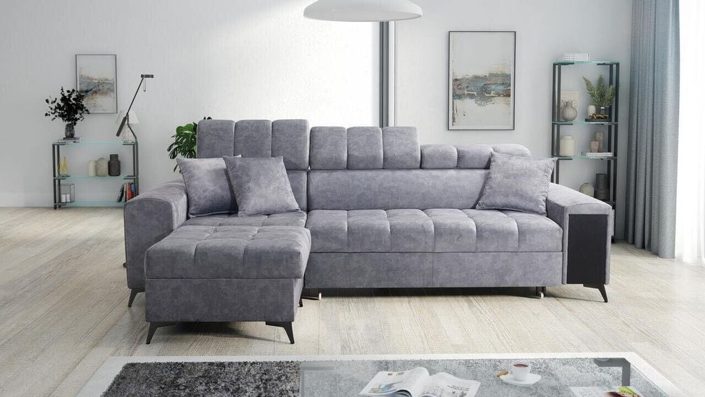 Ecksofa MAX I Mini mit Schlaffunktion und Zwei Bettzeugbehältern,hat einen Öffnungsbügel, 3 verstellbare Kopfstützen, USB-Anschluss