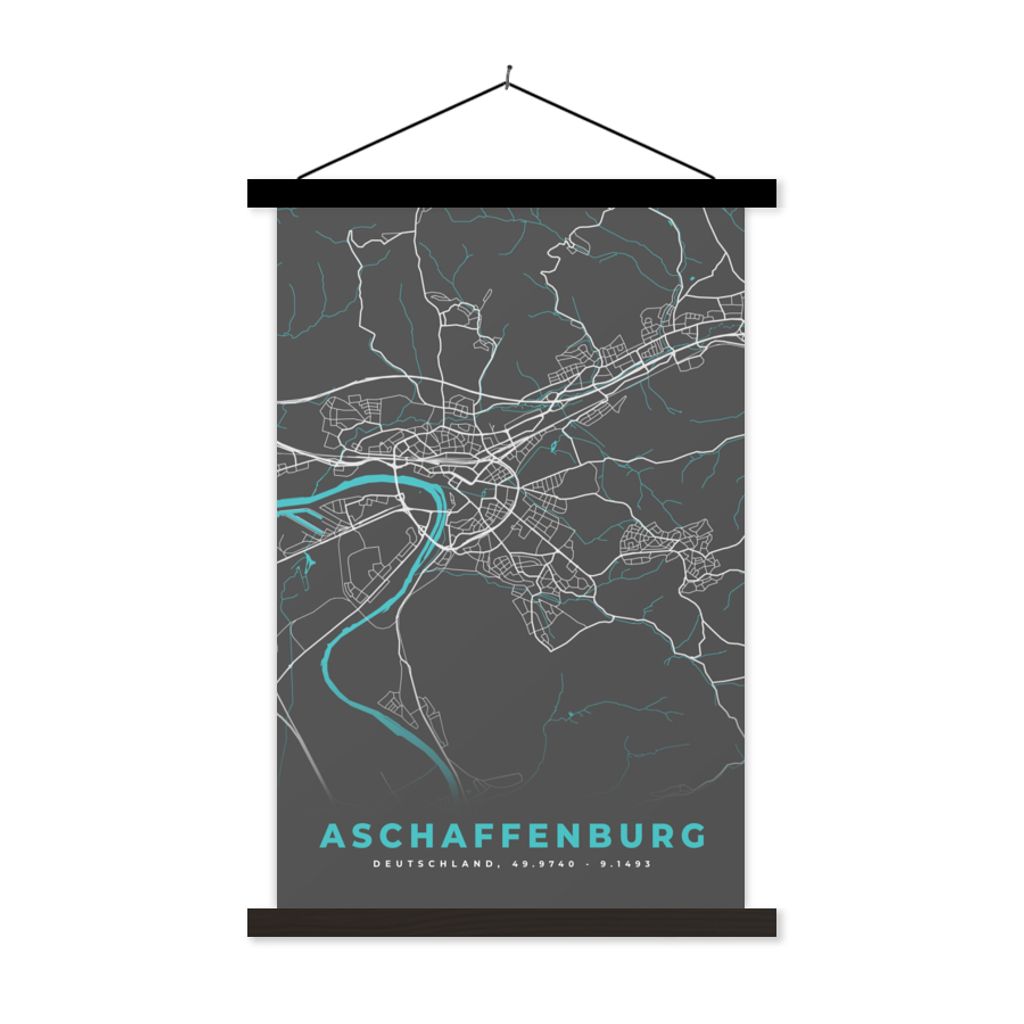MuchoWow Textilposter Stadtplan - Karte - Aschaffenburg - Blau - Deutschland - Karte 40x60 cm mit schwarzem Rahmen - Wanddekorationen