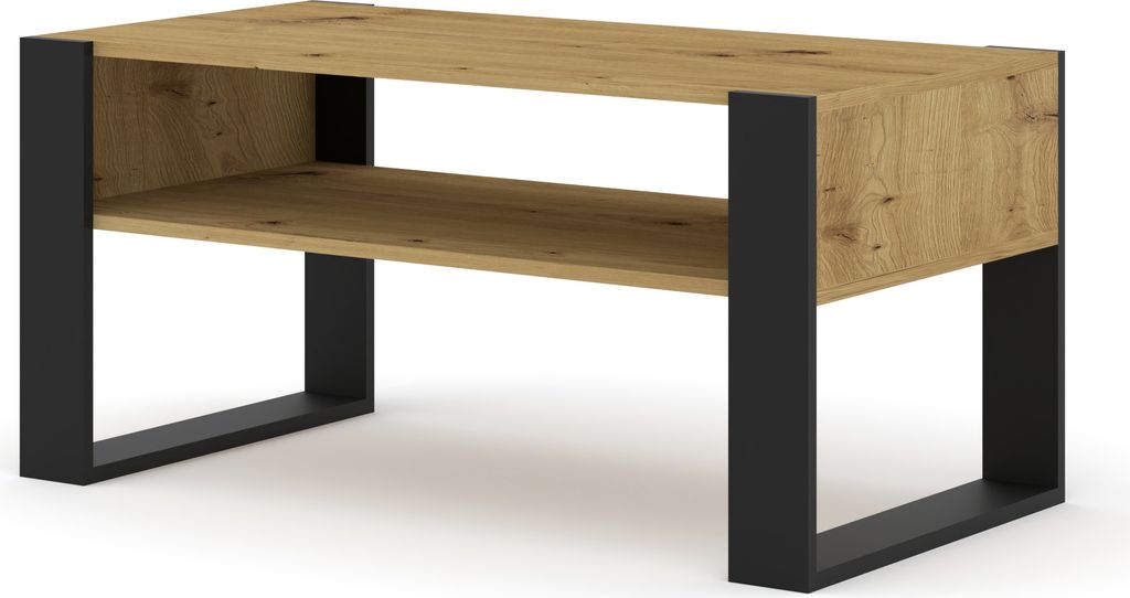 A modern coffee table with a wooden top and black metal legs.