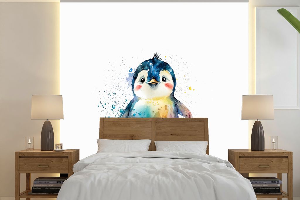 MuchoWow Fototapete für Wohnzimmer oder Schlafzimmer Wandtapete Vinyl Motivtapete Pinguin - Regenbogen - Aquarell - Tiere - Kinder - 220x220 cm ...