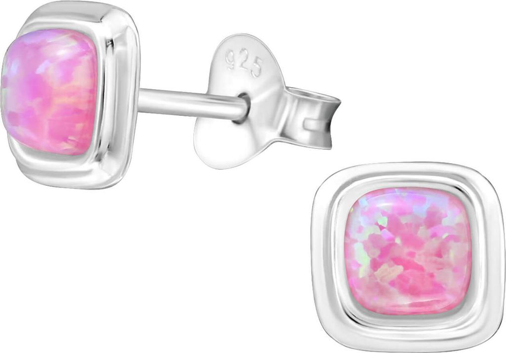 Ohrringe Ohrstecker 925 Sterling Silber Quadrat mit synthetischem Opal in verschiedenen Farben Farbe - Pink