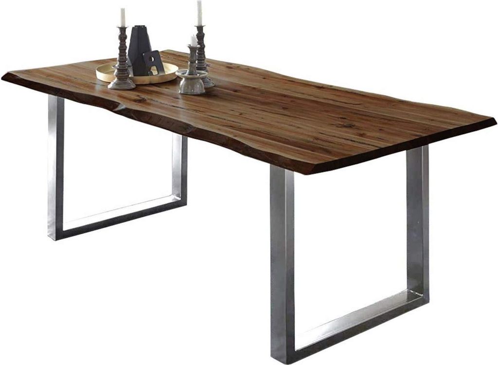 Esszimmertisch 240x100 cm ULM, Baumkantentisch nussbaumfarben, Akazienholz massiv, U-Gestell Edelstahl gebürstet