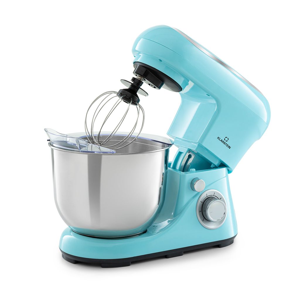 A blue stand mixer with a silver bowl and whisk attachment is shown against a white background.